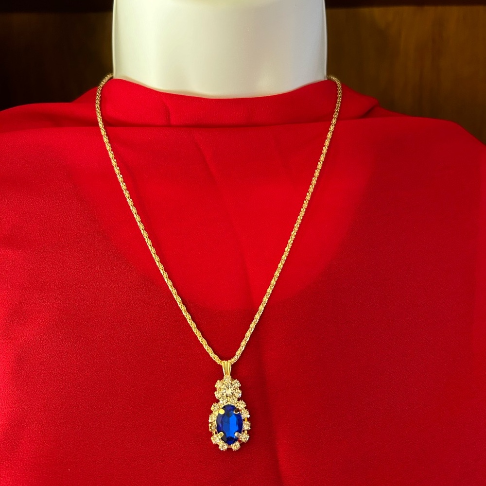 Elegant Blue Pendant Necklace Earrings and Adjustable Ring Set